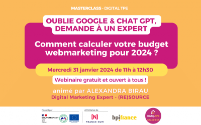 31 janvier 2024 – Masterclass « Oublie Google & Chat GPT, demande à un expert » : Comment calculer votre budget webmarketing pour 2024 ?
